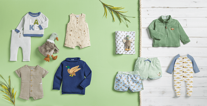 MALLARD SWADDLE & RATTLE SET AMONGST MALLARD THEMED OUTFITS AND SWIM