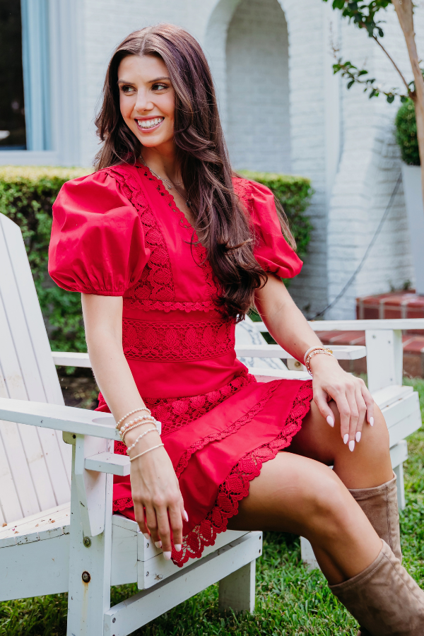 KARLIE: RED LACE TRIM VNECK PUFF SLEEVE DRESS