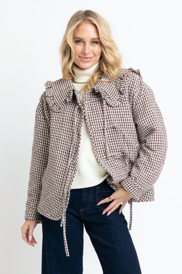 KARLIE: BROWN GINGHAM CHECK COLLAR NOVELTY JACKET