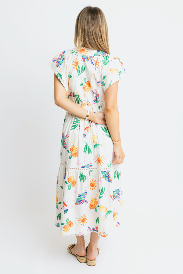 KARLIE: WHITE TOUCAN FRUIT VNECK MAXI DRESS