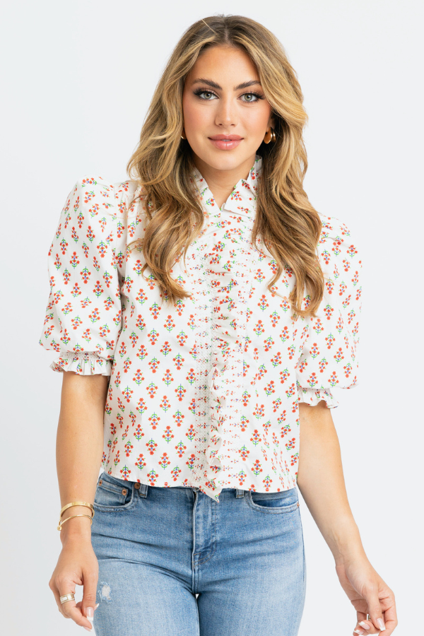 KARLIE: IVORY DIGITAL FLORAL RUFFLE PUFF SLEEVE TOP