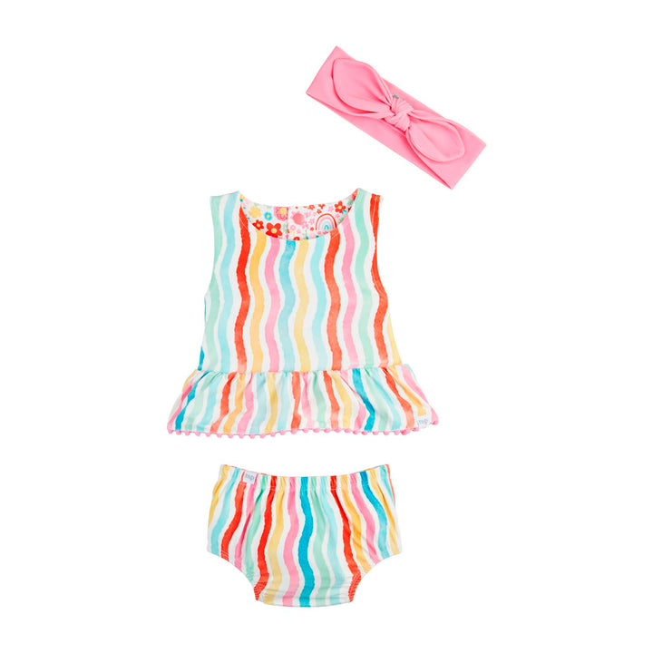 RAINBOW STRIPED & FLORAL REVERSIBLE SWIMSUIT & HEADBAND SET