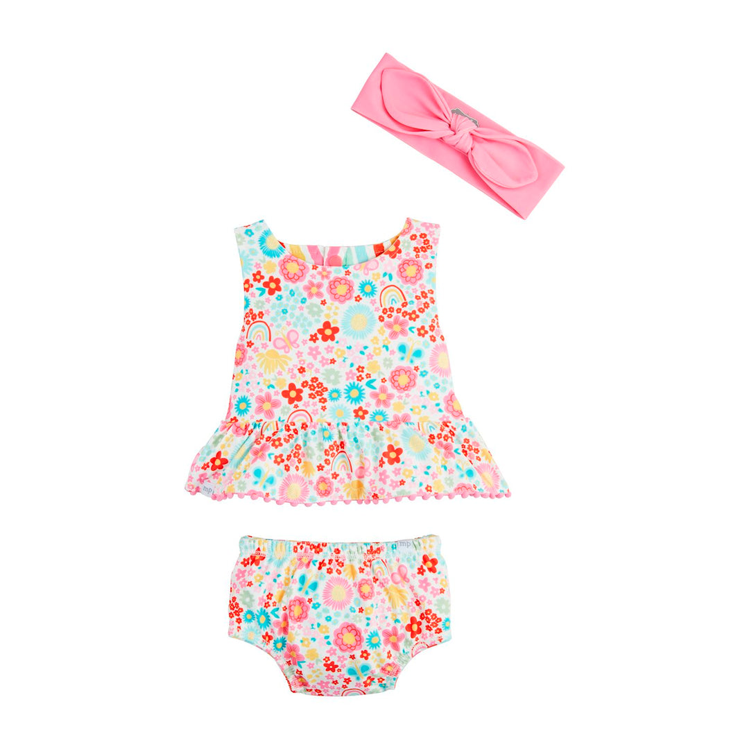 RAINBOW STRIPED & FLORAL REVERSIBLE SWIMSUIT & HEADBAND SET