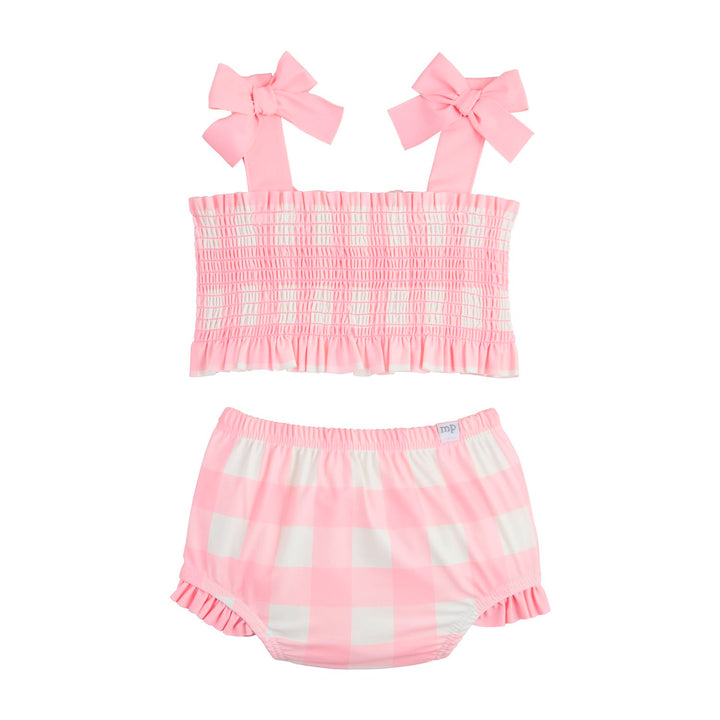 SMOCKED PINK CHECK TWO PIECE BATHING SUIT