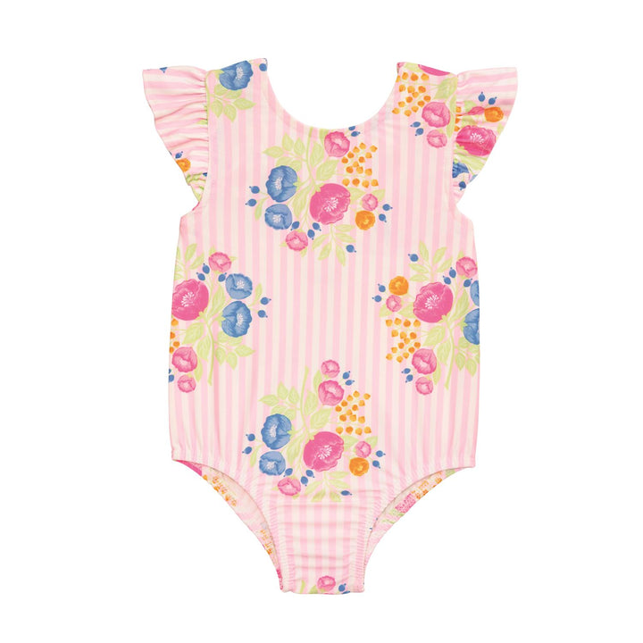 FLORAL PINK STRIPE ONE-PIECE SWIMSUIT