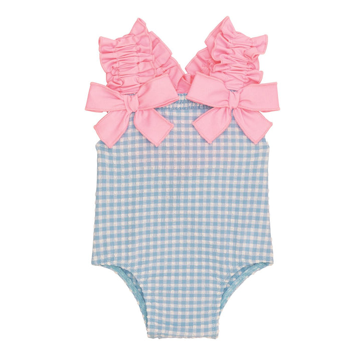 PINK CRINKLE STRAP BLUE CHECK SWIMSUIT