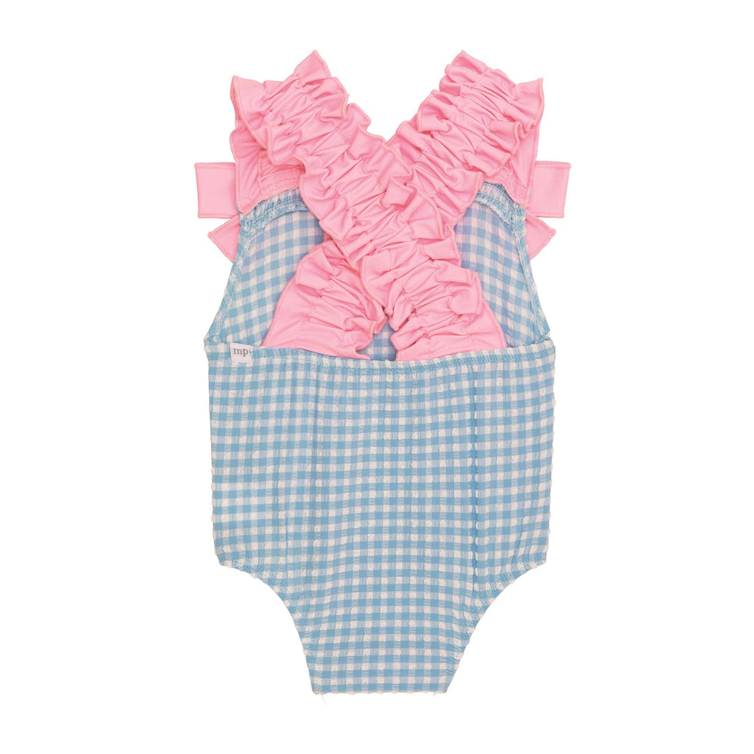 PINK CRINKLE STRAP BLUE CHECK SWIMSUIT