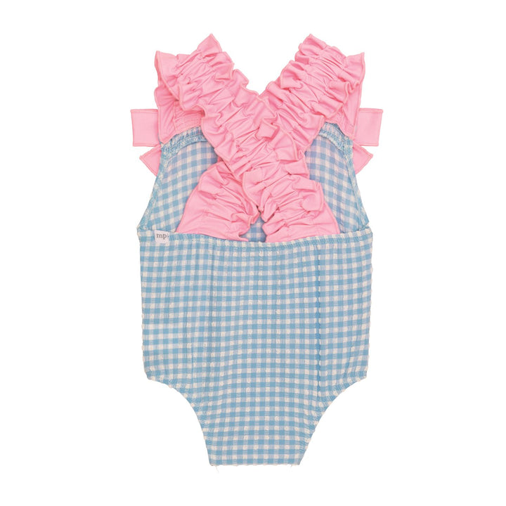 PINK CRINKLE STRAP BLUE CHECK SWIMSUIT