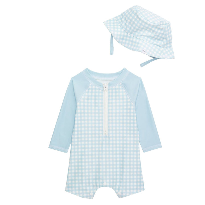BABY BLUE GINGHAM RASHGUARD & HAT SET