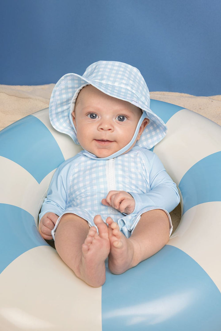 BABY BLUE GINGHAM RASHGUARD & HAT SET