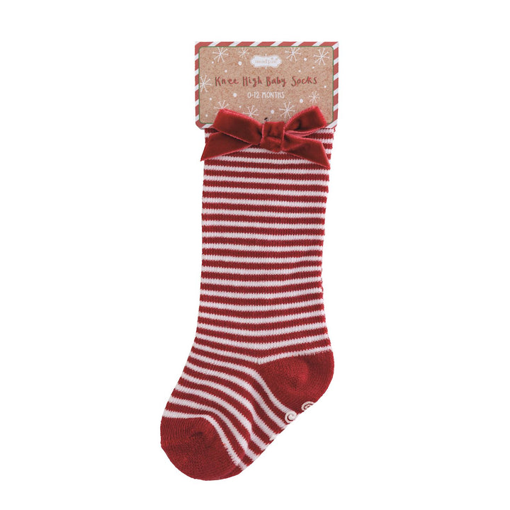 Knee high cotton hosiery socks with velvet tacked bows. red and white stripe