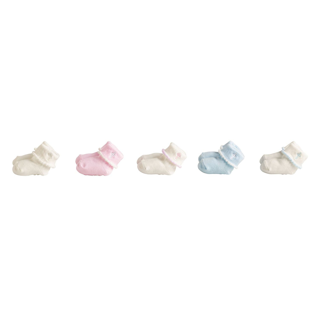 NEWBORN CROSS FOLDOVER SOCKS IN WHITE PINK AND BLUE