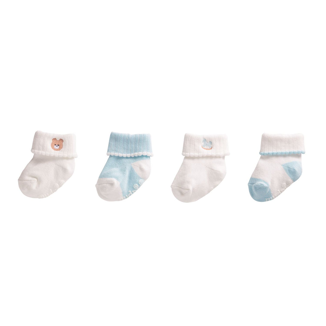 CHILDRENS FOLD OVER SOCKS IN WHITE AND BLUE PATTERNS ON WHITE BACKGROUND