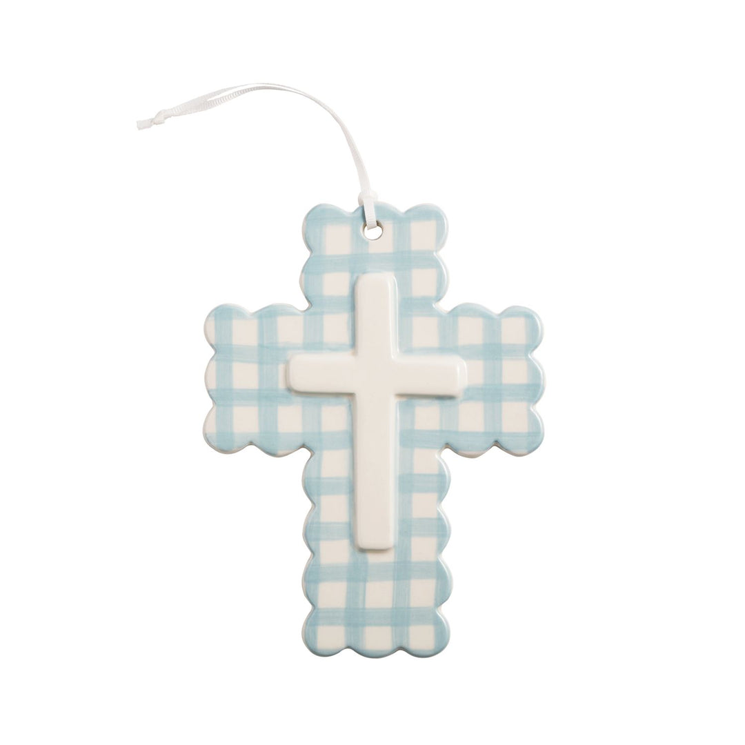 BLUE GINGHAM LAYERED CERAMIC CROSS