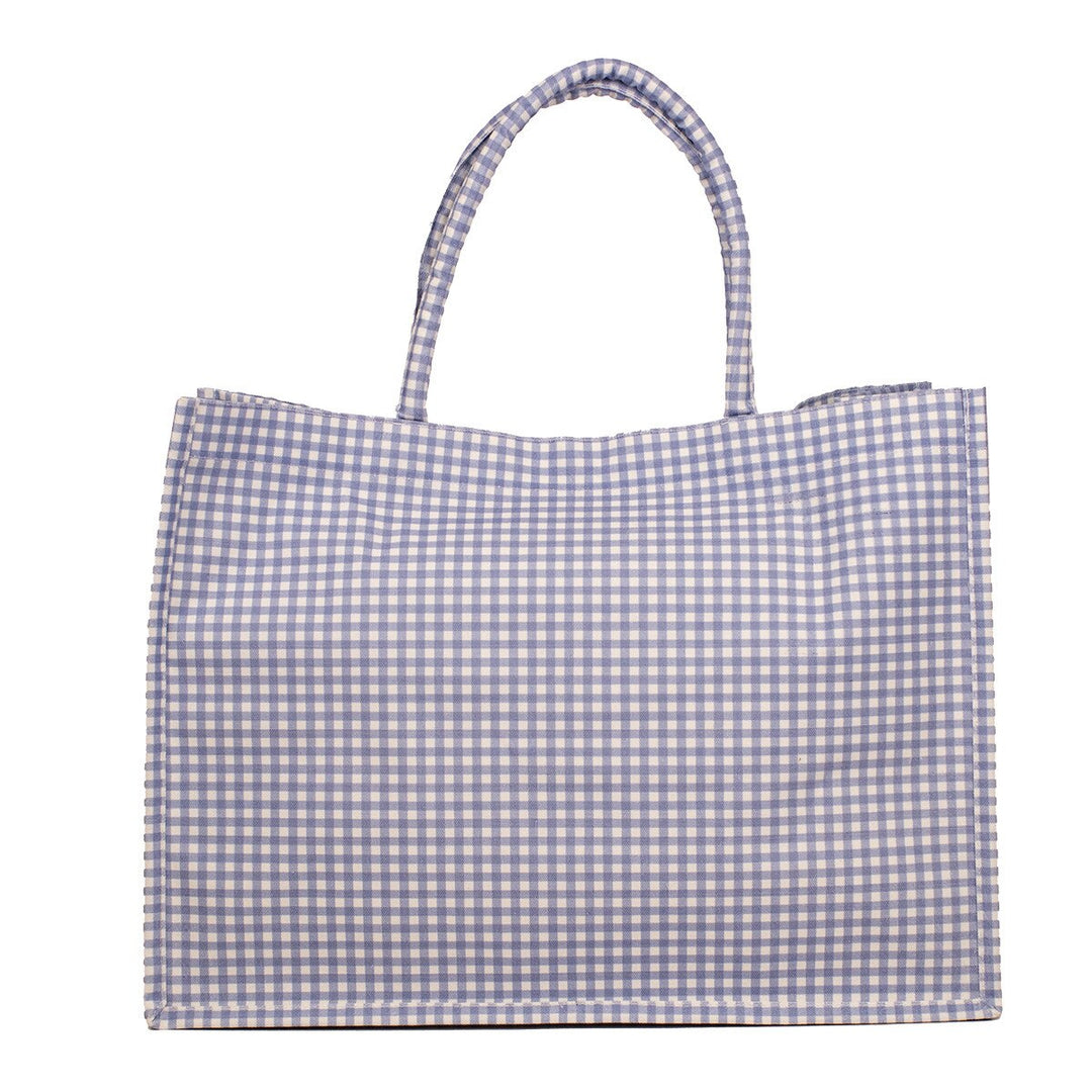 Gingham checkered tote bag on a white background