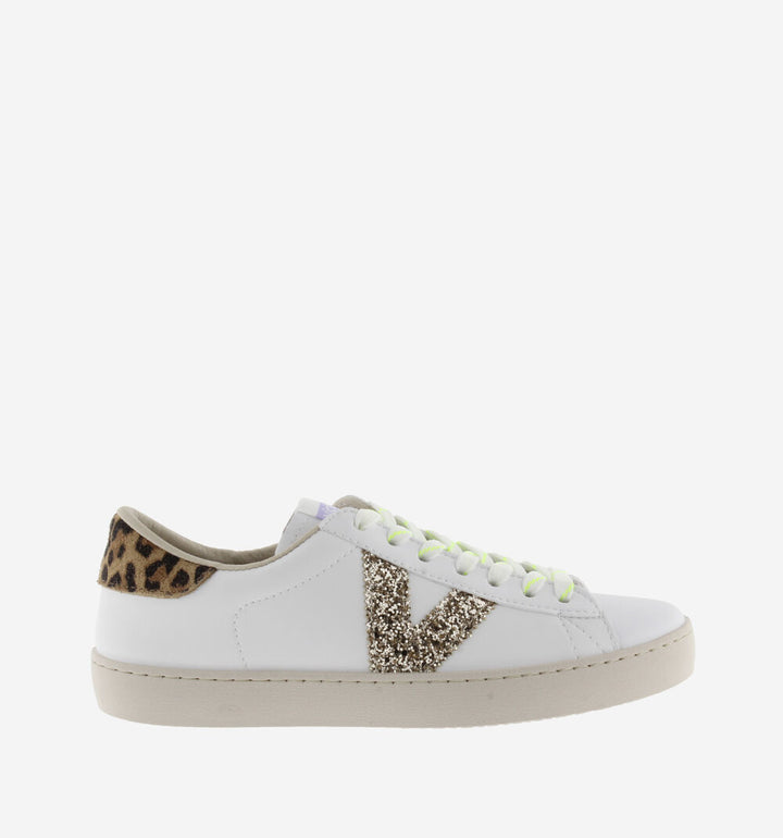 VICTORIA: PLATINO GLITTER & LEAPARD LEATHER SNEAKERS