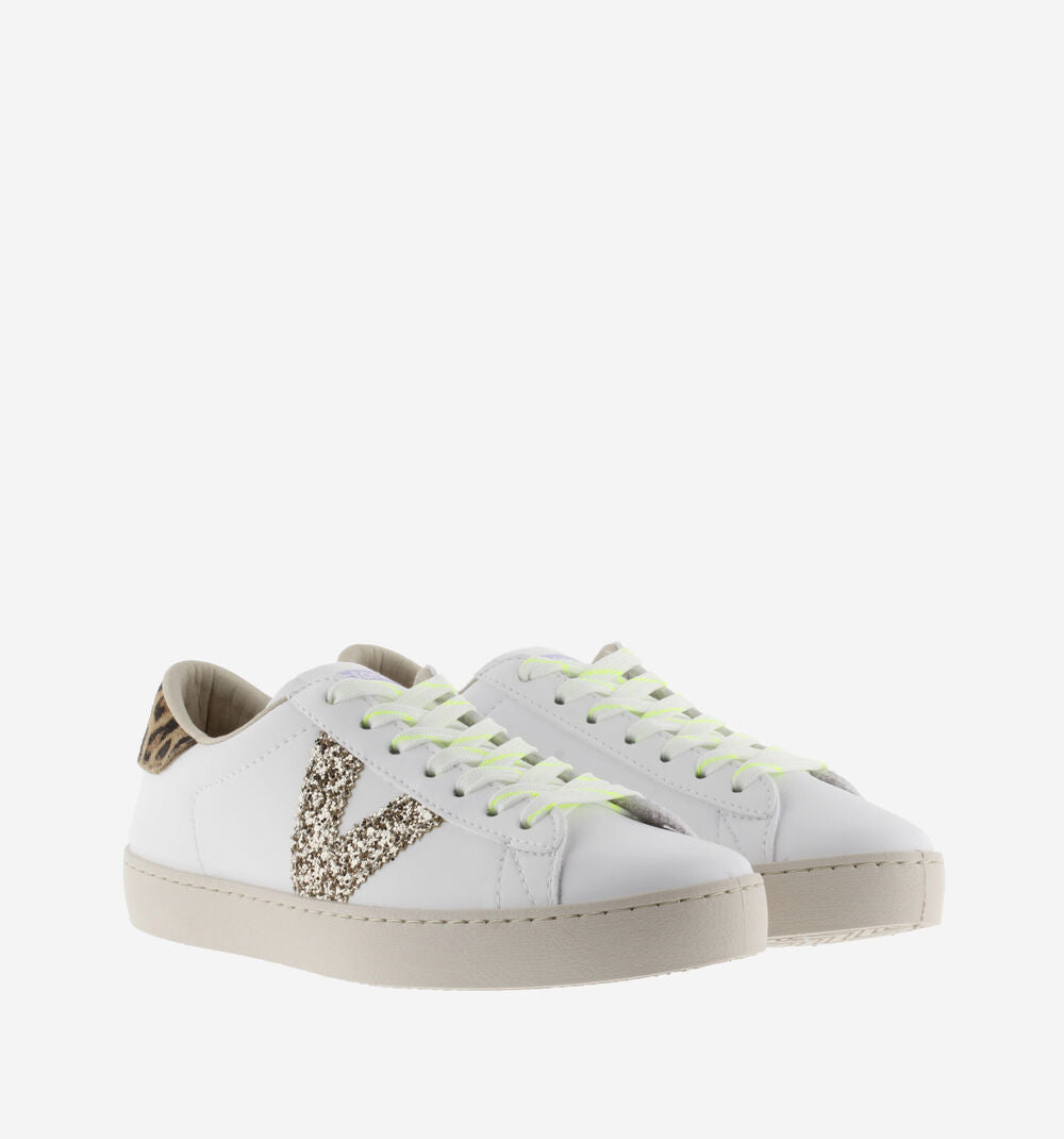 VICTORIA: PLATINO GLITTER & LEAPARD LEATHER SNEAKERS