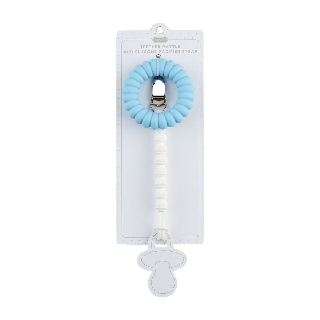 BLUE & WHITE PACY STRAP & RATTLE TEETHER SET