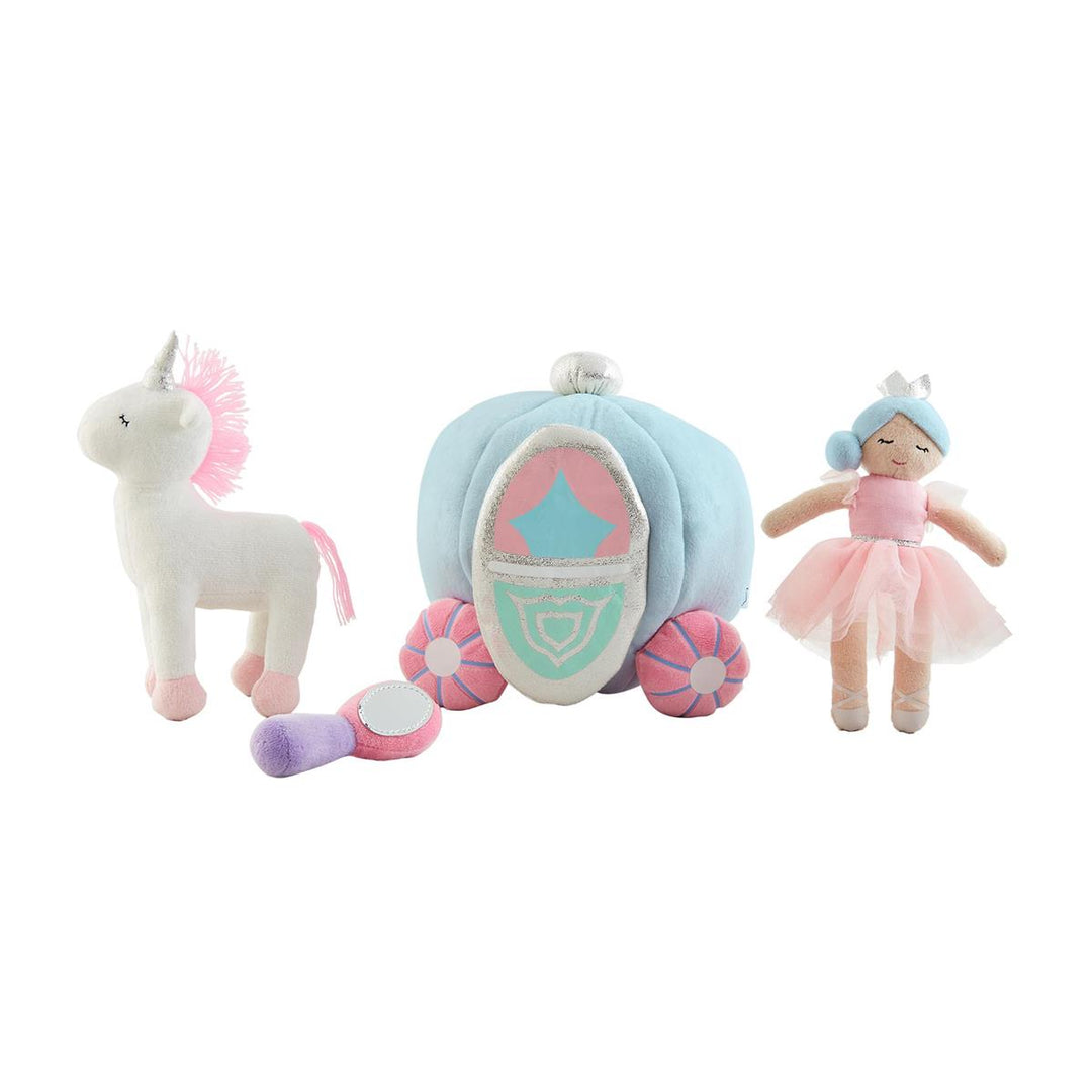 Set of pastel-colored toys including a unicorn, fairy carriage, and fairy doll on a white background