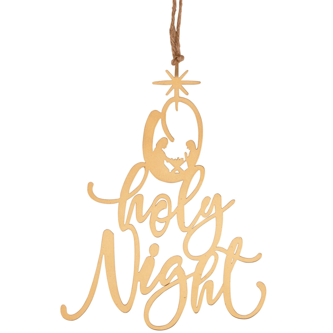 Decorative wooden ornament with 'Holy Night' text on a white background