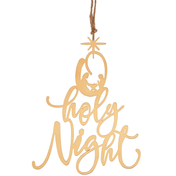 Decorative wooden ornament with 'Holy Night' text on a white background