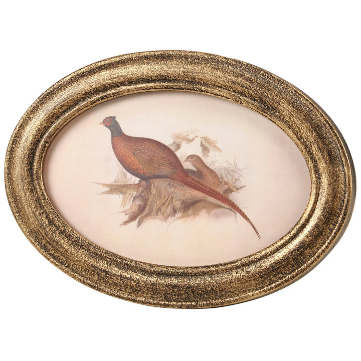 Decorative oval frame with a painting of two birds on a white background