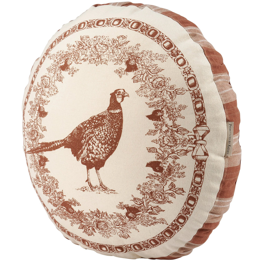 Decorative pillow with a pheasant design on a white background