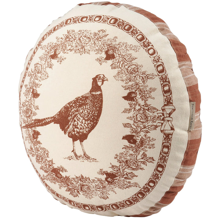 Decorative pillow with a pheasant design on a white background