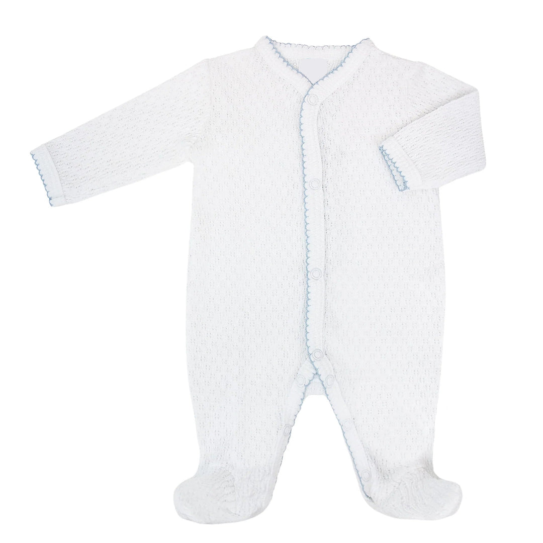 white footie with blue trim on white background