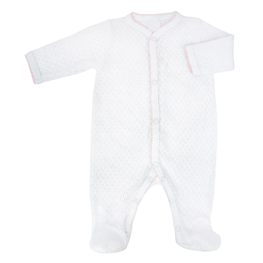 white footie with pink trim on white background