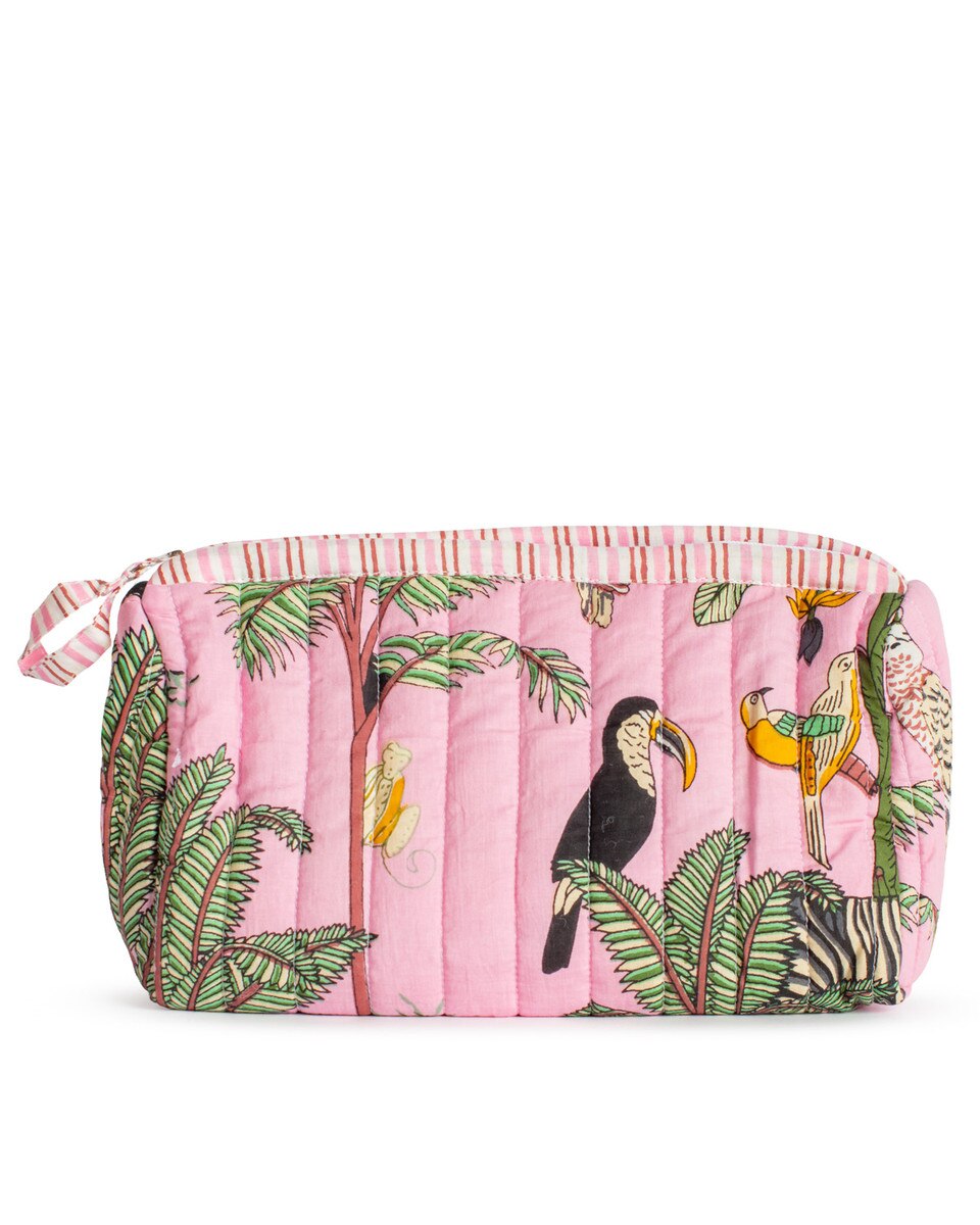 Pink quilted pouch with tropical bird design on a white background