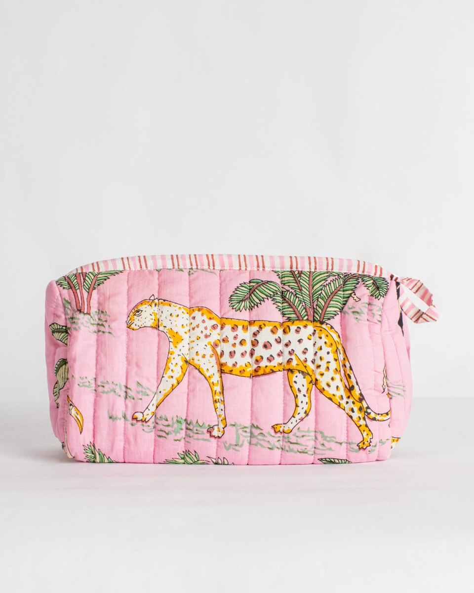 Rectangular pouch with leopard print on a pink background