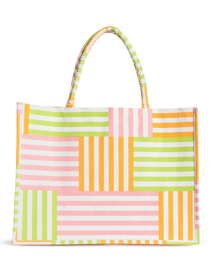 Colorful striped tote bag on a white background