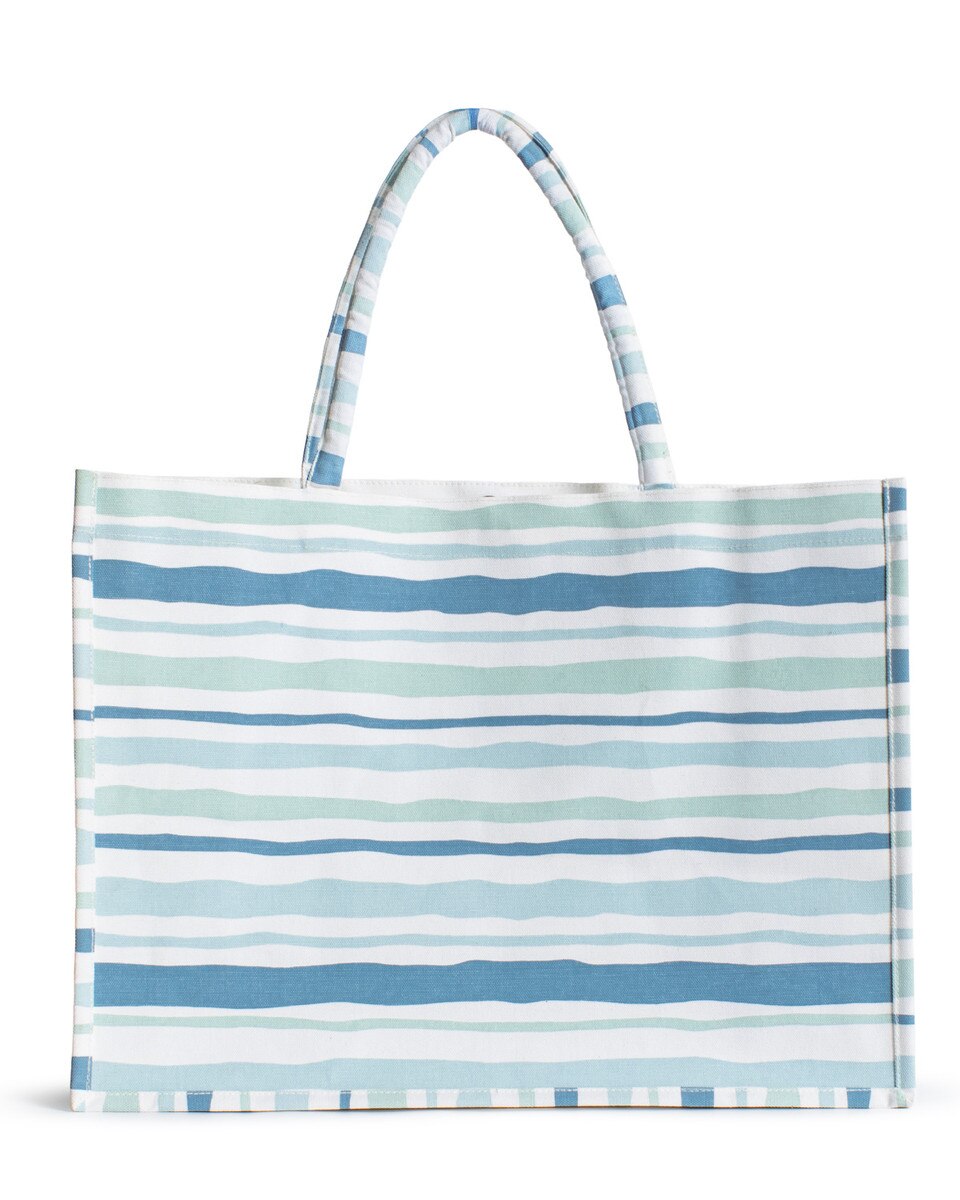 Blue and white striped tote bag on a white background