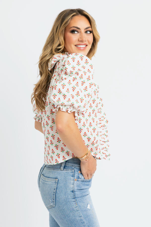 KARLIE: IVORY DIGITAL FLORAL RUFFLE PUFF SLEEVE TOP