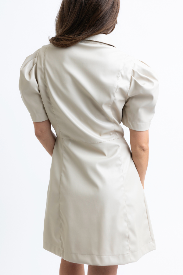 KARLIE: IVORY FAUX LEATHER PUFF SLEEVE DRESS