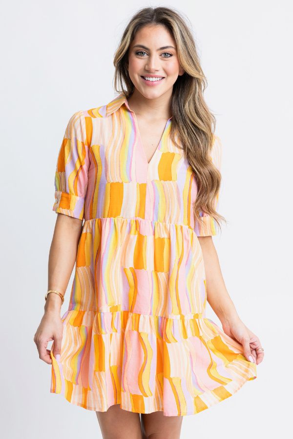 KARLIE: ORANGE MULTI STRIPE VNECK COLLAR DRESS