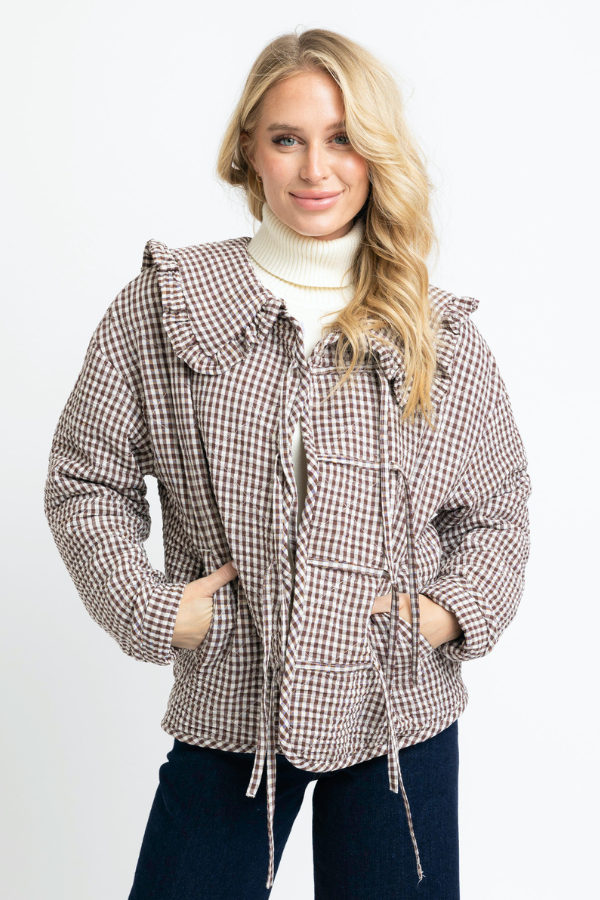 KARLIE: BROWN GINGHAM CHECK COLLAR NOVELTY JACKET