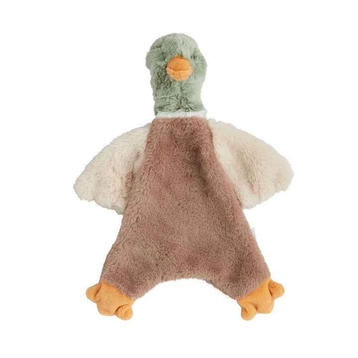 Soft mallard duck plush woobie lovey featuring a cuddly stuffed duck attached to a cozy security blanket, perfect for baby gifts or woodland nurseries.
