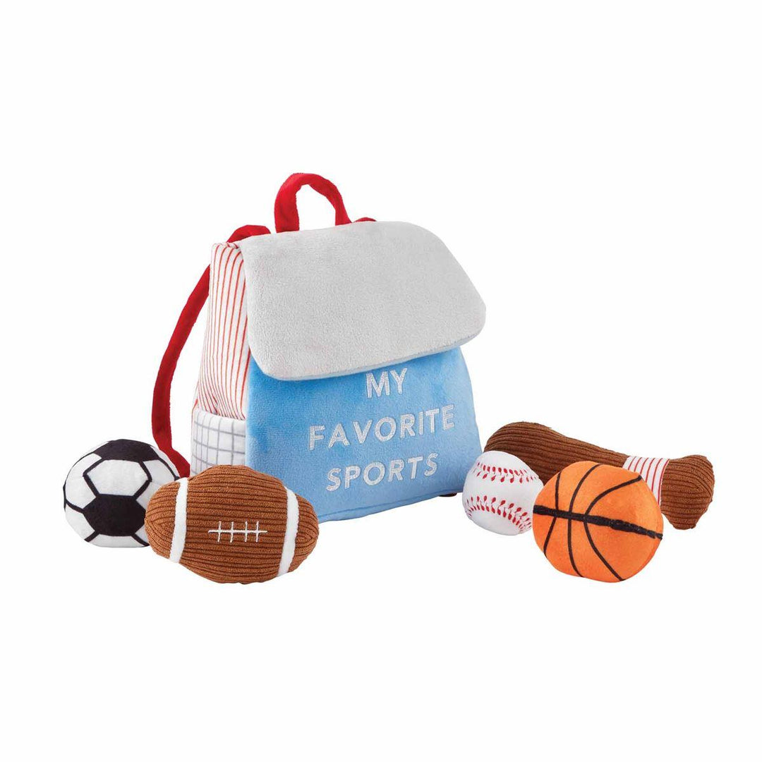 Backpack with sports-themed toys including a soccer ball, football, baseball, and basketball on a white background.