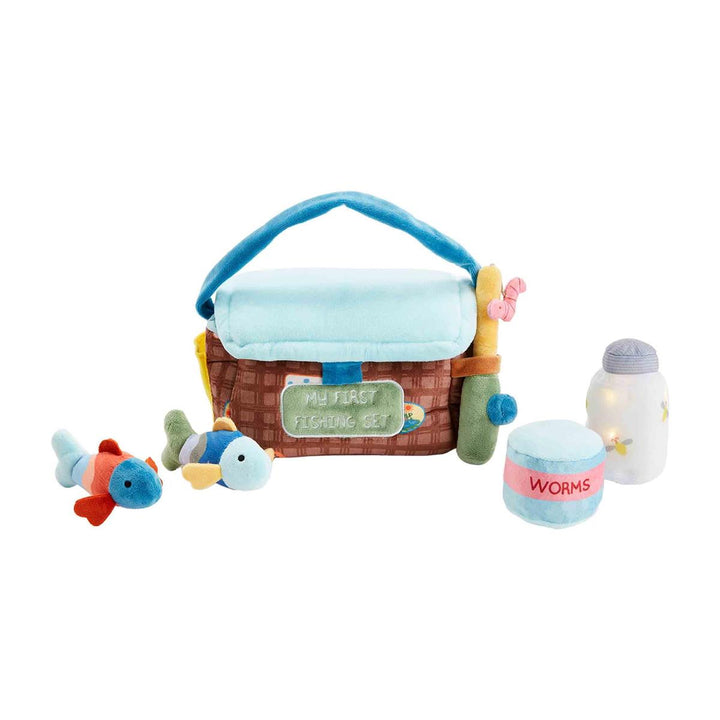 Children's toy set with a fishing basket, fish, and other accessories on a white background