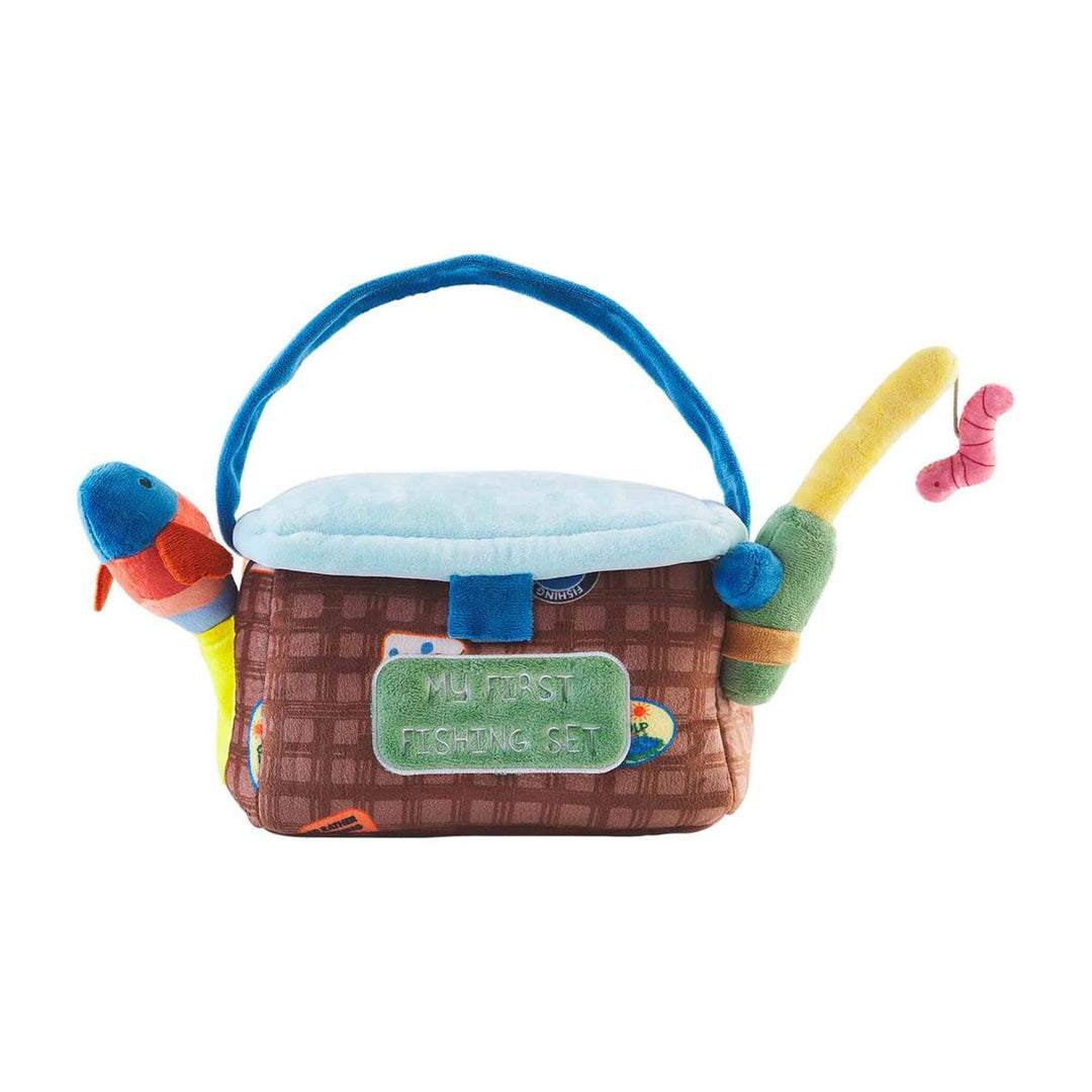 Children's toy fishing set with a basket, rod, and lures on a white background