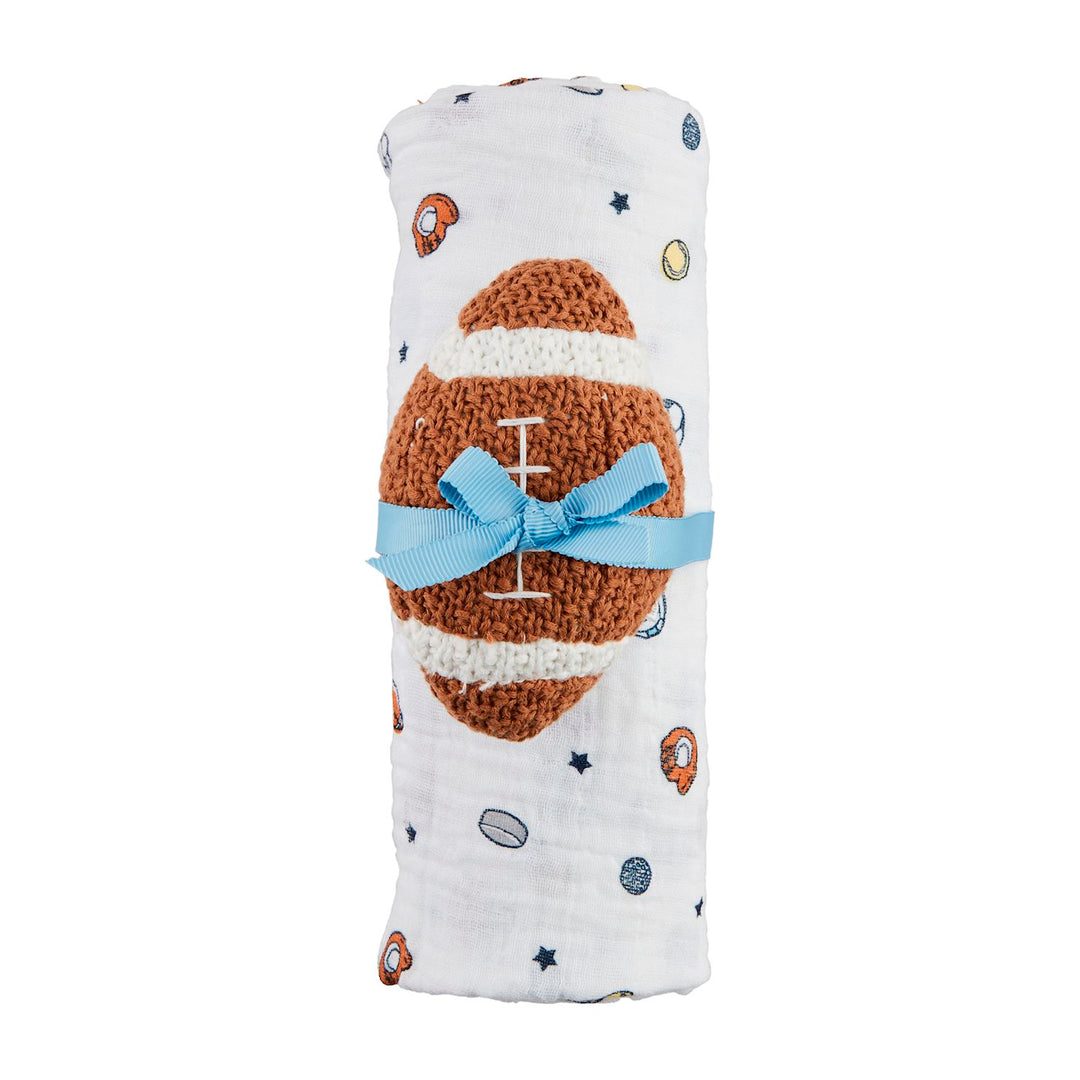 SPORTS SWADDLE & FOOTBALL RATTLE SET