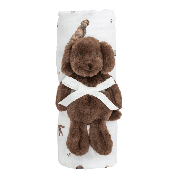 LAB SWADDLE & RATTLE SET with WHITE BOW ON WHITE BACKGROUND