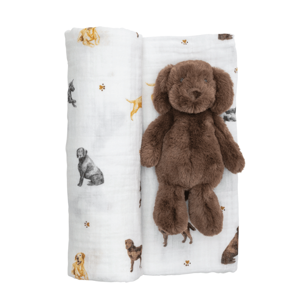 LAB SWADDLE & RATTLE SET ON WHITE BACKGROUND
