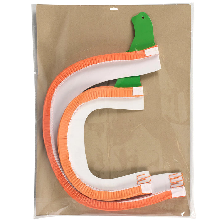 Toy snake with green head and orange, white, and green body on a brown background