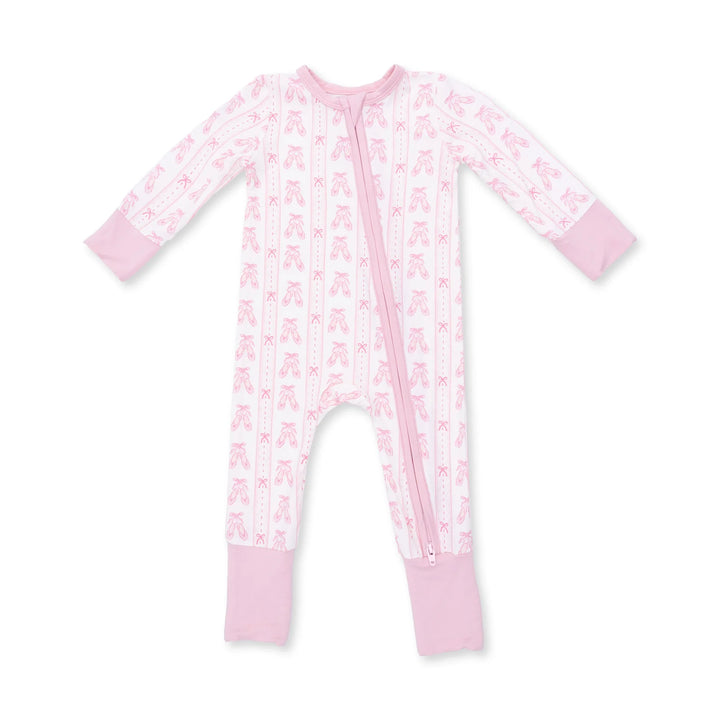 Angel Dear Ballet Shoes Ribbon Stripe Convertible Romper front view of the baby romper highlighting the silhouette and ballet shoes ribbon stripe design