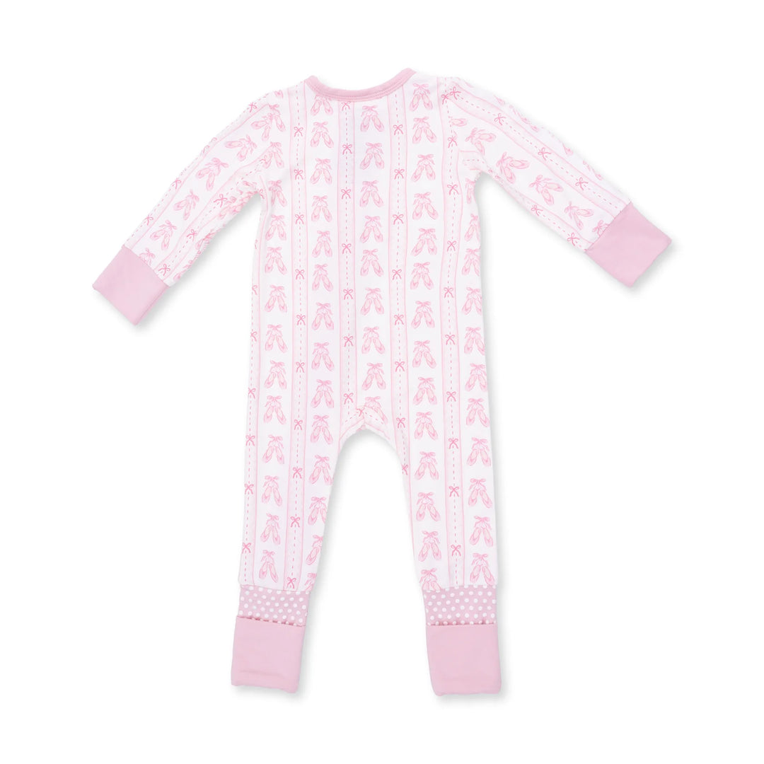 Angel Dear Ballet Shoes Ribbon Stripe Convertible Romper alternate view of the baby romper showing the ballet shoes ribbon stripe design and coordinating trim