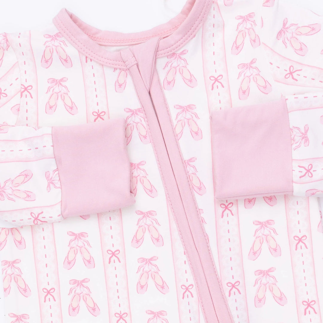 Angel Dear Ballet Shoes Ribbon Stripe Convertible Romper close-up of the baby romper highlighting the print, closures, and finishing details