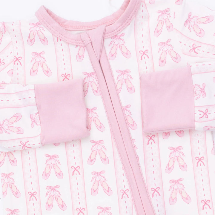 Angel Dear Ballet Shoes Ribbon Stripe Convertible Romper close-up of the baby romper highlighting the print, closures, and finishing details